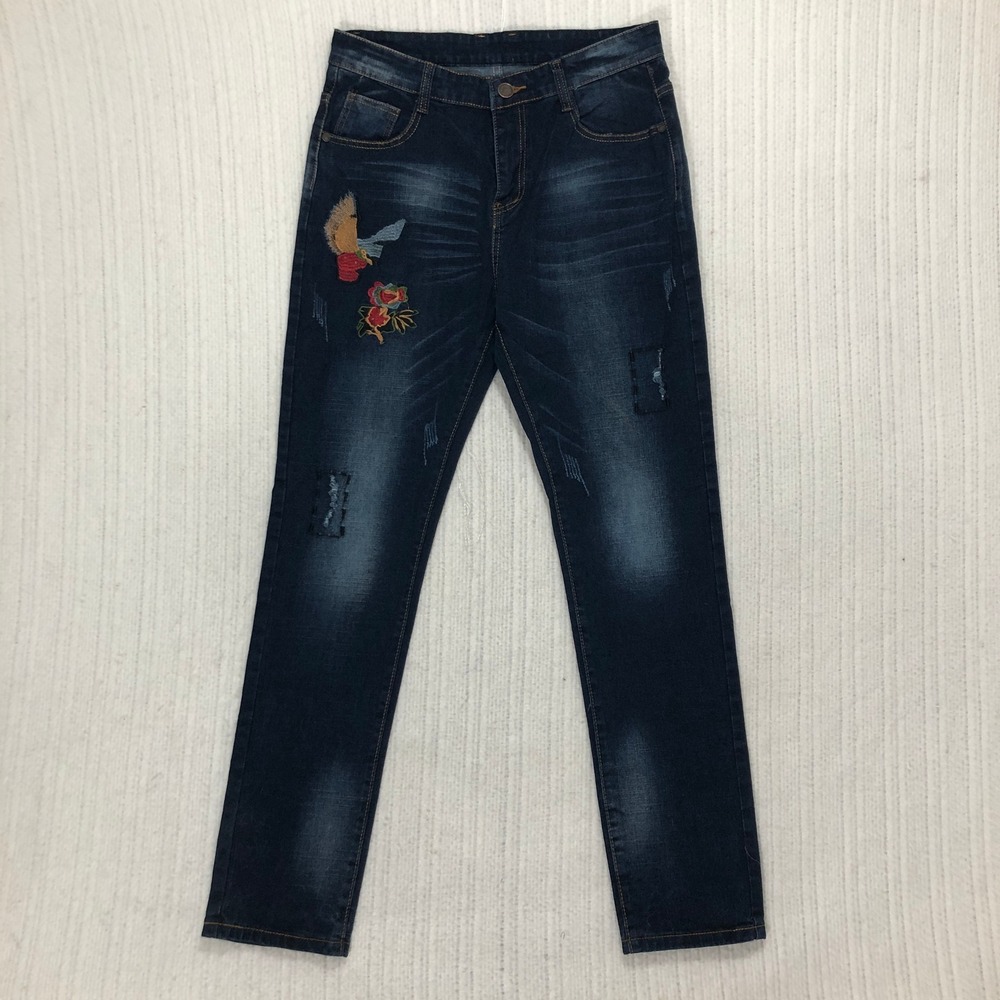 Dark Wash Denim Jeans Embroidered Bird Flower Straight Leg Casual‎